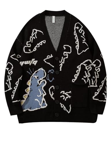 Flygo Mens Dinosaur Sweater Harajuku Cartoon Oversized Button Down Knit Sweater Cardigan(Black-S)