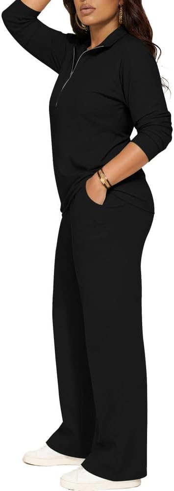 PINSV Women's 2 Piece Outfits Sweatsuit Lapel Half Zip Sweatshirts Wide Leg Pants Set Tracksuit - Image 4