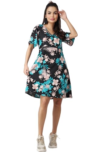 Image of POPWI1NGS Casual Printed V-Neck Short Sleeves Knee-Length Fit and Flare Dress for Women || Frokc-Style Summer Wear Dresses for Women || Loose-Fit Comfortable Women Dress for Regular Wear