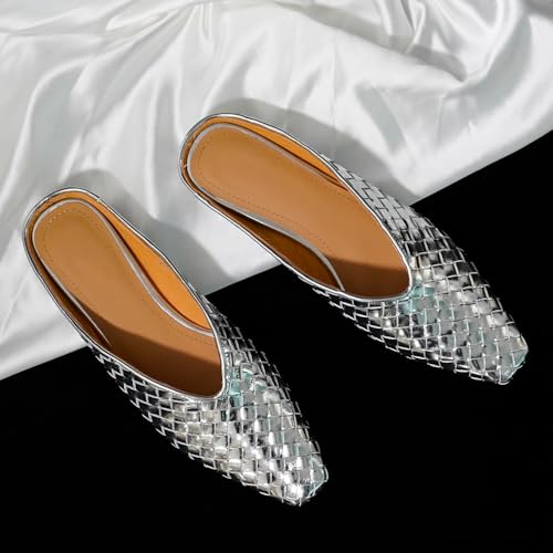 Image of Woven Mules for Women Slip on Comfortabke Metallic Slides Ladies Trendy Square Toe Hidden Wedge Mules