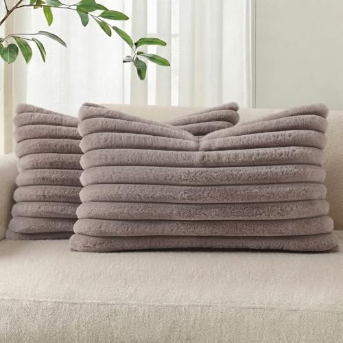 Image of Pallene Faux Fur Plush Lumbar Throw Pillow Covers 12x20 Set of 2, Luxury Soft Fluffy Striped Decorative Pillow Covers for Sofa, Couch, Living Room, Light Coffee