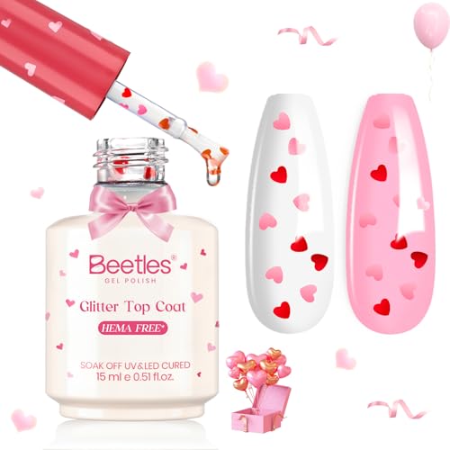 Image of Beetles Heart Gel Top Coat 15ml - Hema Free Glitter Shine No Wipe Top Coat Long-Lasting for Gel Polish, Pink Heart Sparkle Soak Off UV LED Gift for Women