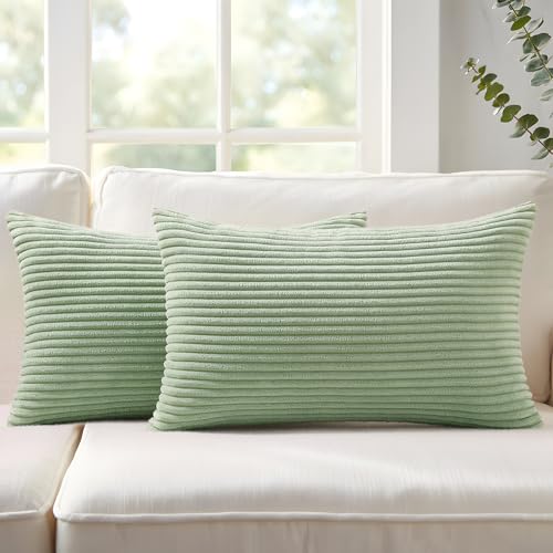Image of Mecatny Corduroy Decorative Throw Pillow Covers 12x20 Set of 2 for Sofa Living Room, Soft Neutral Boho Couch Pillow Covers for Home Decor, Sage Green
