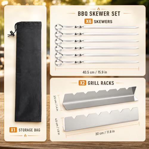 Foto von Homealexa Schaschlikspieße Set, 6 Stück 40,5 cm Edelstahl Grillspieße mit 2 × 30 cm Spießhalter, Flache BBQ Spieße für Schaschlik, Fleisch und Gemüse, Wiederverwendbare Grillspieße, Grillzubehör