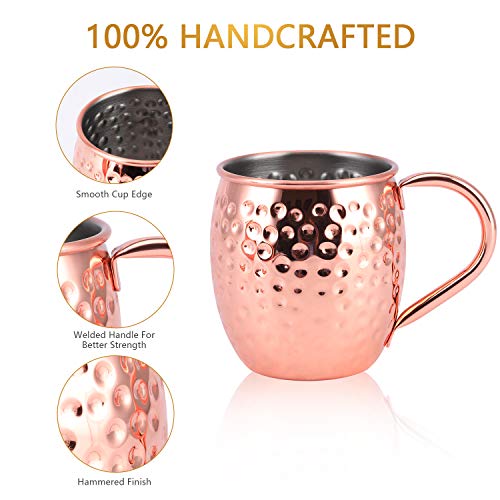 Bicchieri Rame Moscow Mule Set di 4, 100% Tazze Rame Lavorate a Mano, set da 550ml con BONUS: 4 Cannucce di Rame da Cocktail di Alta Qualità e 1 Jigger - immagine 5