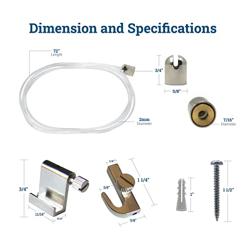 Image of PHS Adjustable Picture Hanging System - Bullet Hanger with Nylon Cable & Gallery Hooks - Art Hanging System - Art Cable Supports 25 lbs - No Track Needed