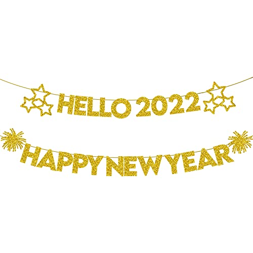 Glitter Hello 2022 Happy New Year Banner - 10 Feet, No DIY, 2 Strings | New Years Banner, New Years Eve Party Supplies 2022 | Happy New Year Decorations 2022 | NYE Decorations, New Years Decorations