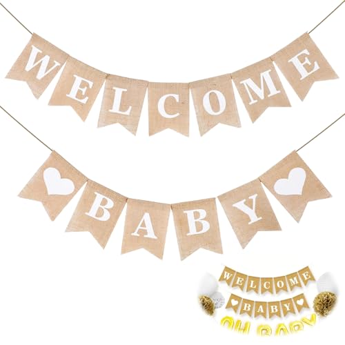 Bannière Vintage en Lin pour Bébé,Baby Shower Decoration Bannière de Douche,Welcome Baby Banderole Bapteme,Fanions pour Fête Prénatale, Décoration de...