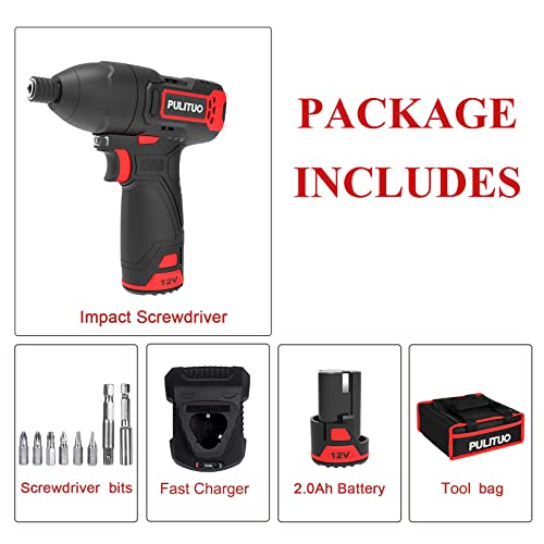 Pulituo Cordless Impact Driver Kit, 1/4" Hex Power Impact Drill With 2.0Ah/ 12V Li-Ion Battery, 1-Hour Fast Charger, 0-2800Rpm Variable Speed, Screwdriver Bits Set & Tool Bag #TOP4