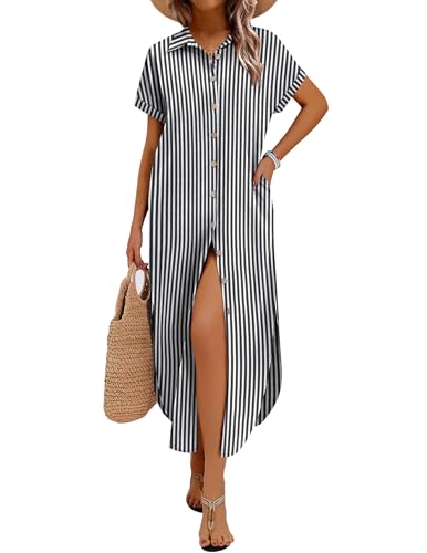 Zeagoo Dresses for Women Womens Casual Short Sleeve Maxi Long Dress Linen Button Down Loose Black Striped Shirt Dress 2026