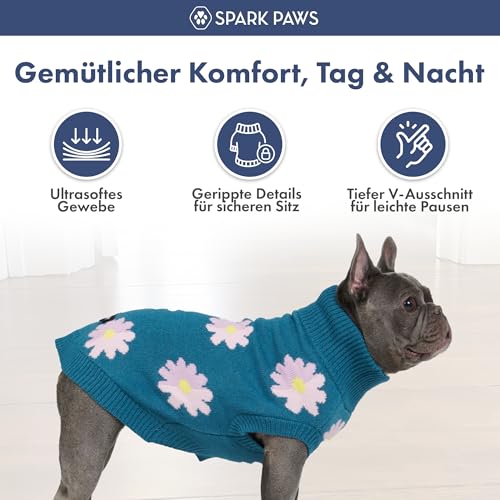 Spark Paws Strick Hundepullover – Ultrasofter, Warmer Winterpullover für kleine, mittlere & große Hunde – Dehnbarer Hundepullover für French Bulldogs, Pitbulls, Hündinnen & Rüden, (Flower,3XL)