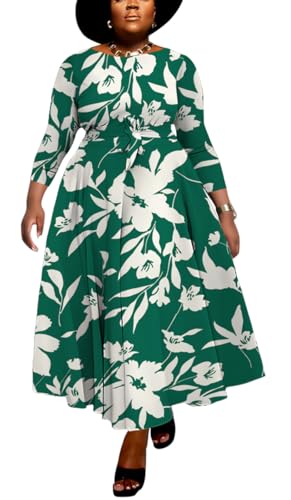Image of BFFBABY Women's Wrap V Neck Plus Size Maxi Dresses 3 /4 Sleeves Chain Floral Printed Swing Dress with Belt