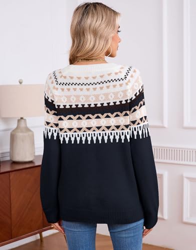 Image of Women's Fair Isle Sweater Crew Neck Long Sleeve Heart Sweater Vintage Tops