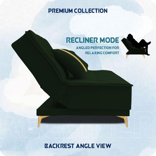 Image of Adorn India Premium New Alyssum 3 Seater Sofa Cum Bed 4X6 Velvet Suede with 2 Cushions (Color Green) and Suitable for All Indoor, with 3 Years Warranty