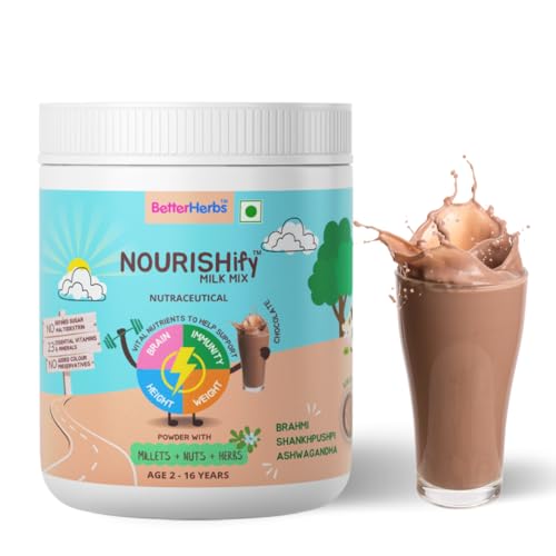 Image of NOURISHIFY by Better Herbs Nutrition Drink Powder (Chocolate) for 2-16 yrs Children, No Refined Sugar, Millets Nuts Herbs, Tasty Milk Mix 350g