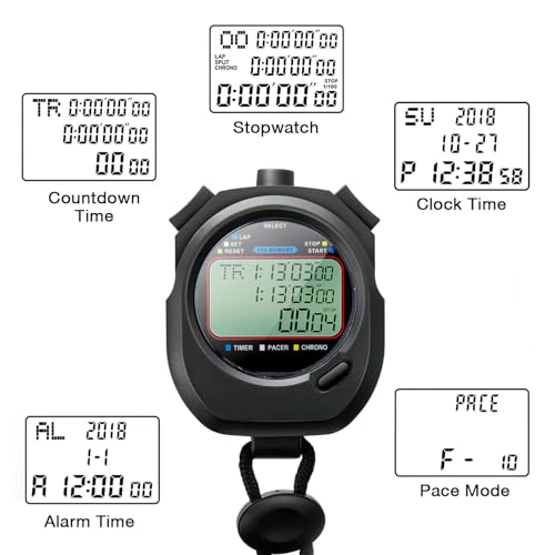 Chronomètre étanche - 100 tours - Mémoire divisée - Grand écran - Chronomètre numérique simple avec horloge/comptage à rebours/réveil/calendrier/bruit - Chronomètre de sport pour la natation, la – Image 6