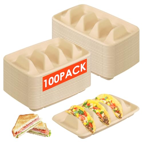 Hyuetrsa 100 Pcs Disposable Taco Holder for Party, 3 Compartments Paper Taco Tray Holder, Disposable Taco Plates with Dividers Taco Stand for Taco Tuesday Lazy Susan Taco Bar