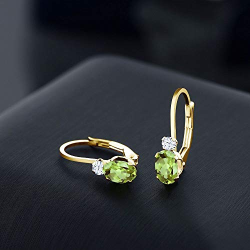 Gem Stone King 14K Yellow Gold Green Peridot and White Created Sapphire Leverback Earrings For Women | 1.08 Cttw | Gemstone August Birthstone | Oval 6X4MM, Round 2MM | 3/4 Inch3