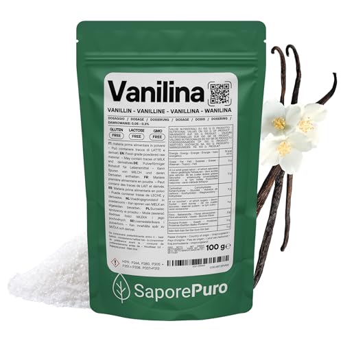 SaporePuro Vainillina Pura en Polvo 100 g – Aroma de Vainilla Sin Gluten para Tartas, Galletas, Cremas y Helados – Calidad Alimentaria Certificada