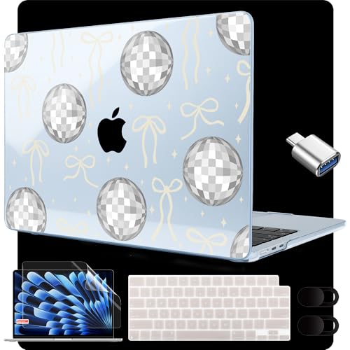 Image of MEEgoodo for M5 /M4 /M3 /M2 MacBook Air 15 inch Case 2026 2025 2024 2023, Case Fit Model (A3448 /A3241 /A3114 /A2941) for MacBook Air 15.3 inch, Silver Disco Balls & Bows
