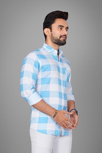 Image of Voroxy Men's Casual Checks Shirt with Pockets Cotton Blend Stylish Branded Checkered Pattern Formal Shirt & Regular Fit Full Sleeves and Spread Collar Style