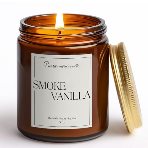Putart Somke Vanilla Scented Candles for Home, 9oz Natural Soy Wax Aromatherapy Organic Vanilla Candle for Stress Relief, Long Burning & Lasting Jar Candle Gifts for Birthday, Christmas, Thanksgiving