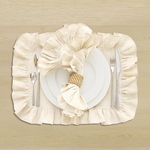Solino Home Linen Placemats Set of 4-100% Pure Linen Light Natural Placemats 14 x 19 Inch for Summer - Gabrielle Ruffle, Handcrafted and Machine Washable by Solino Home - Image 3