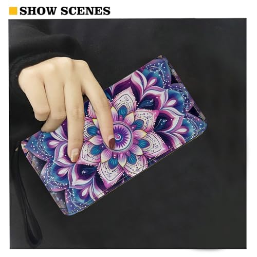 Image of Bulopur Boho Mandala Womens Wallet Wristlet PU Leather Purple Floral Clutch Purses for Ladies Waterproof Phone Holder Zip Around
