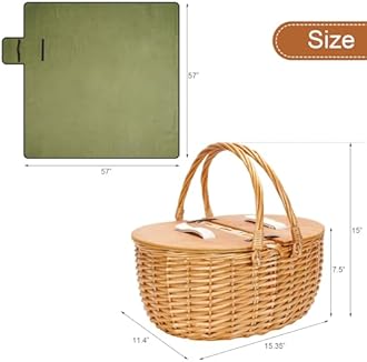 ZORMY 15" Cooler Picnic Basket with Blanket, Wooden Split Lid Picnic Basket, Vintage-Style Wicker Picnic Hamper with Folding Woven Handle for Picnic, Camping