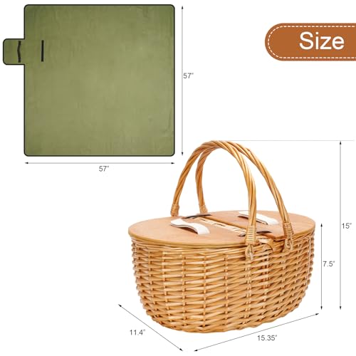 ZORMY 15" Cooler Picnic Basket with Blanket, Wooden Split Lid Picnic Basket, Vintage-Style Wicker Picnic Hamper with Folding Woven Handle for Picnic, Camping