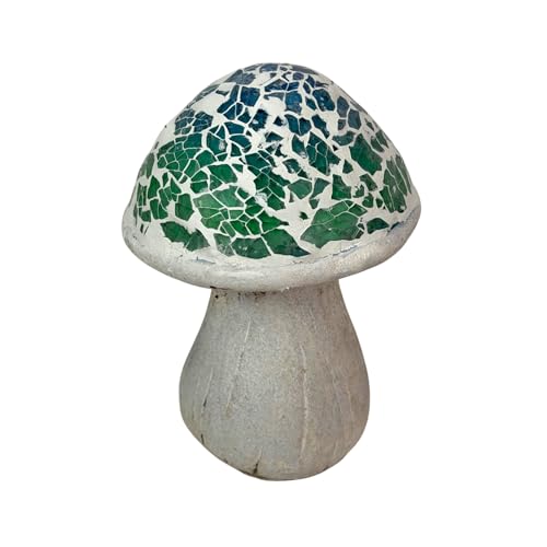 Mushroom Outdoor Statue Figurine, 5 Inch Blue Green White Mosaic Cap