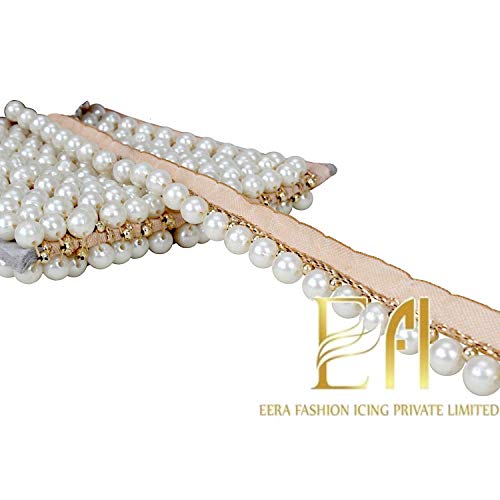 Image of 9.5 mtr Stylish Multi Pearl Laces for Dresses, Craft and Home Decoration (Gold and White)