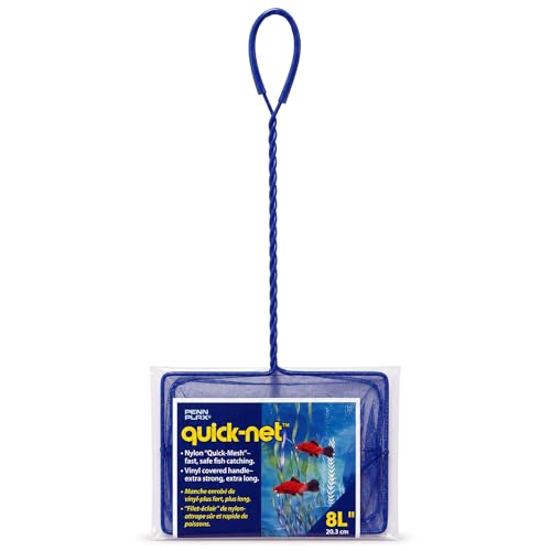 Image of Penn-Plax Quick-Net Aquarium Fish Net - 8 x 6 in Fine Mesh, 16 in Vinyl-Covered Braided Long Handle - Small Aquarium Cleaning Tool for Gentle Fish Handling - Use in Freshwater & Saltwater Tanks - Blue