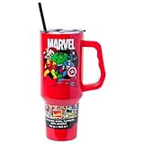 Silver Buffalo Marvel Avengers Featuring Captain America, Thor, The Hulk, Iron Man, and Black Widow Stainless Steel Tumbler with Handle and Straw, Fits in Standard Cup Holder, 40 Ounces