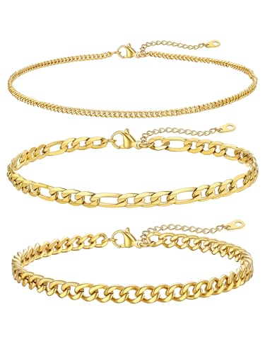 Image of FOCALOOK Anklet Bracelets Set for Women, 14K Gold Plated Waterproof Cuban Link Chain Layered Anklets Set for Plus Size Ankle 8-10.5 Inch Adjustable Summer Beach Jewelry Gift