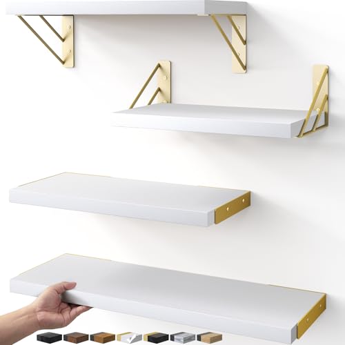 BAYKA Wall Shelves for Bedroom Decor Floating Wall Shelf for Living Room Kitchen Storage Mounted Rustic Wood Shelves for Kids Books Christmas Decorations for Room(White and GoldSet of 4)