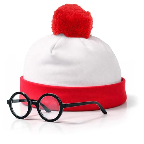 itsSpooky Red and White Striped Pom Pom Beanie Hat with Black Round Frame Glasses - Classic Costume Accessory Set for Teens & Adult Mens womens