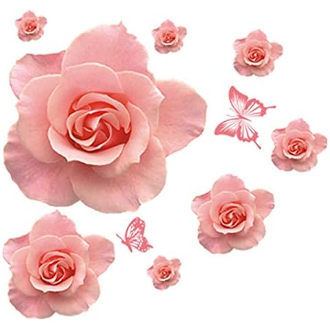 Romantic Pink Rose Flowers Wall Decal Home Sticker House Decoration WallPaper Removable Living Dinning Room Bedroom Kitchen Art Picture Murals DIY Stick Girls Boys kids Nursery Baby Playroom Decoration Cover