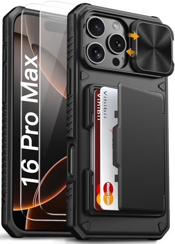 Image of Vihibii for iPhone 16 Pro Max Case with [2X Screen Protector], Built-in Card Holder (4 Cards), [RFID Blocking] & Slide Camera Cover & Tempered Glass Films, Rugged Wallet Case for 16 Pro Max, Black
