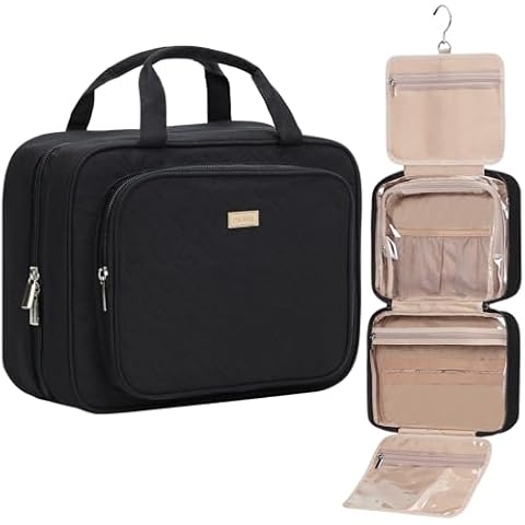NISHEL Travel Toiletry Bag for Women Large Capacity, Makeup Essentials Organizer, Hanging Case for Accessories, Cosmetics Black Cover