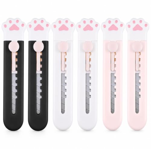 Honoson 6 Pcs Cute Box Cutter Utility Retractable Knives Cartoon Cat Lovely Paw Box Cutter Pointed Cute Cardboard Razor Knife for Office Envelope Opener DIY Crafts(6 Pieces)