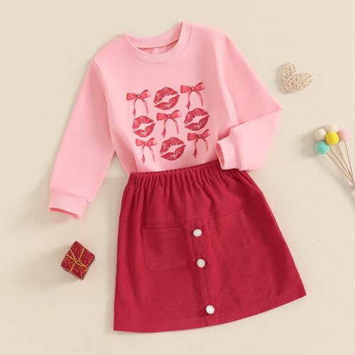 Image of Toddler Girl Valentines Day Outfits Letter Heart Print T-Shirt A-Line Mini Skirts Dress Girls Valentine's Day Dresses
