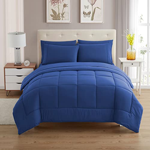 Sweet Home Collection 7 Piece Comforter Set Bag Solid Color All Season Soft Down Alternative Blanket & Luxurious Microfiber Bed Sheets, Royal Blue, Queen