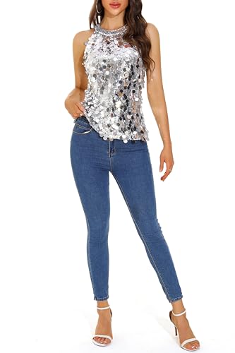 GUANYY Halter Sequin Tops for Women Sleeveless Sparkly Glitter Shiny Tank Top Party Concert Sequence Blouse2