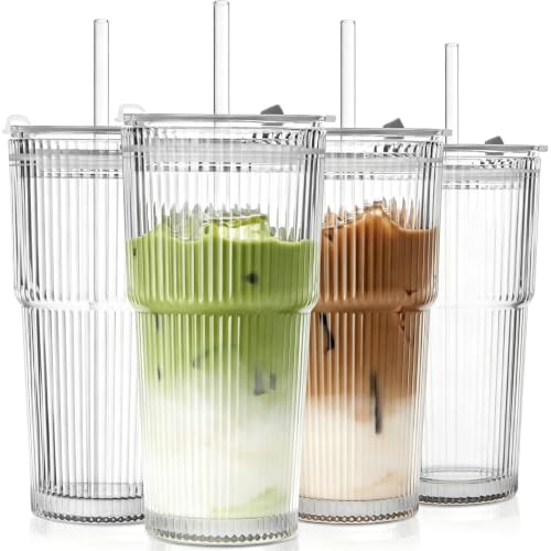TUZAZO 20 Oz Ribbed Glass Tumblers with Lids and Straws - 4 Pack Reusable Glass Coffee Cups with Straws and Lids, Thicken Glass, Ideal for To Go Iced Coffee