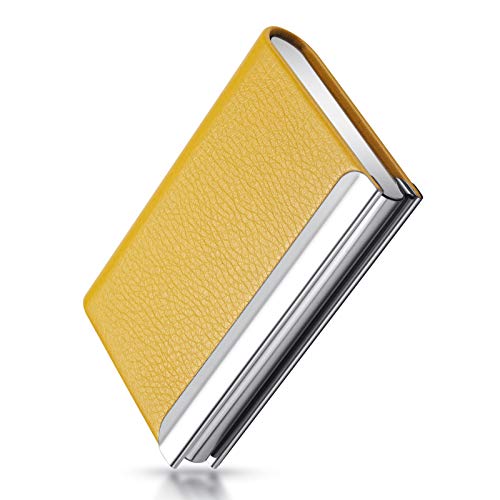 Yellow Luxury PU Leather Business Card Holder - Compact, Slim Metal Wallet Pocket Case for Men & Women2