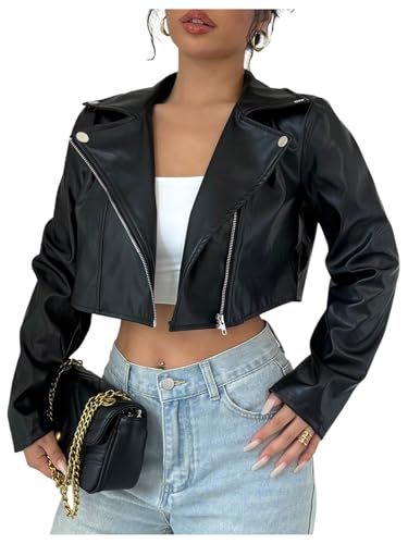 OYOANGLE Women's PU Leather Cropped Jacket Zip Up Motorcycle Jackets Coat Black Medium