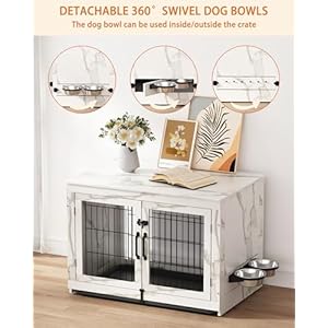 Piskyet Wooden Dog Crate Furniture with 360°Rotatable Removable Dog Bowls, Dog Crate End Table with Tray, Double Doors Dog Kennels forDogs(L:37.7" L*25.1" W*26.1" H, Marble White) Piskyet Wooden Dog Crate Furniture with 360Rotatable Removable Dog Bowls Dog Crate End Table with Tray Double Doors Dog Kennels forDogsL377 L251 W261 H Marble White