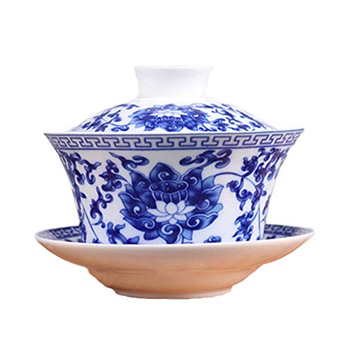 Cuteboom Teacup Coffee Dish Jingdezhen Lotus Traditional Chinese Teaware China Traditional HBlue and White Porcelain Large Gaiwan Kungfu Teacup (Lotus)