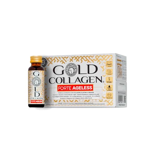 GOLD COLLAGEN Forte Ageless - Collagene Integratore Antirughe Antiossidante Riduce Linee Sottili con Biotina Crescita Capelli, Vitamina C, Collagene Marino con Acido Ialuronico Plumper, 10x50 ml